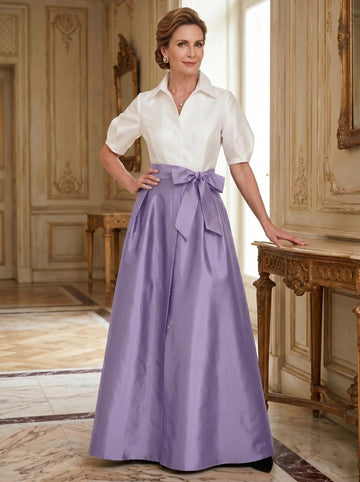 A-Line/Princess Shirt Collar Short Sleeves Floor-Length Mother Of The Bride Dresses with Bowknot