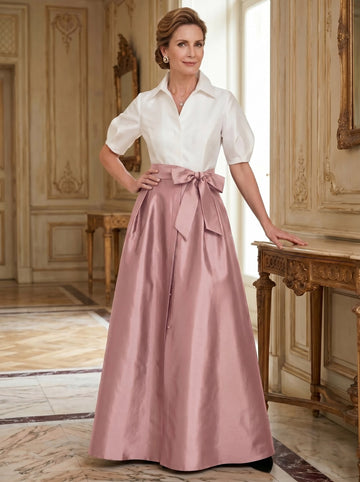 A-Line/Princess Shirt Collar Short Sleeves Floor-Length Mother Of The Bride Dresses with Bowknot