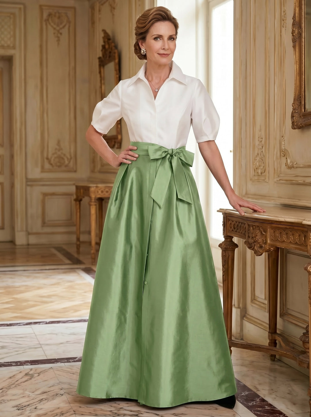 A-Line/Princess Shirt Collar Short Sleeves Floor-Length Mother Of The Bride Dresses with Bowknot