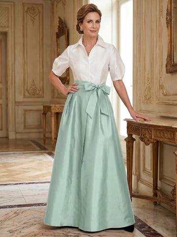 A-Line/Princess Shirt Collar Short Sleeves Floor-Length Mother Of The Bride Dresses with Bowknot