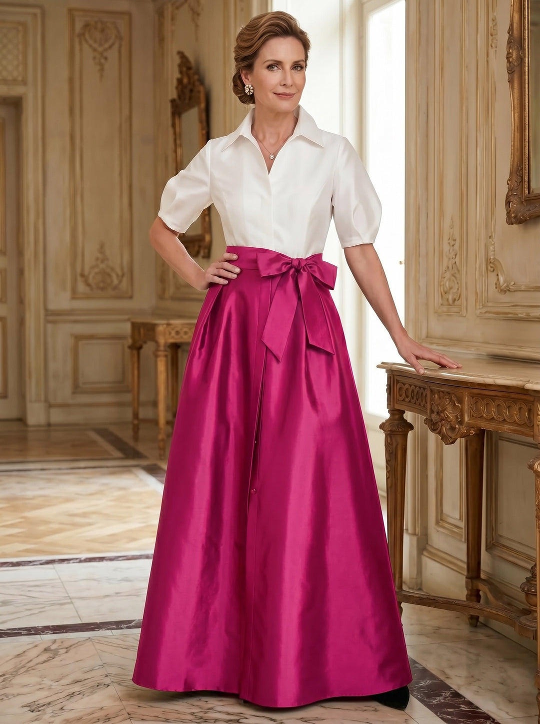 A-Line/Princess Shirt Collar Short Sleeves Floor-Length Mother Of The Bride Dresses with Bowknot