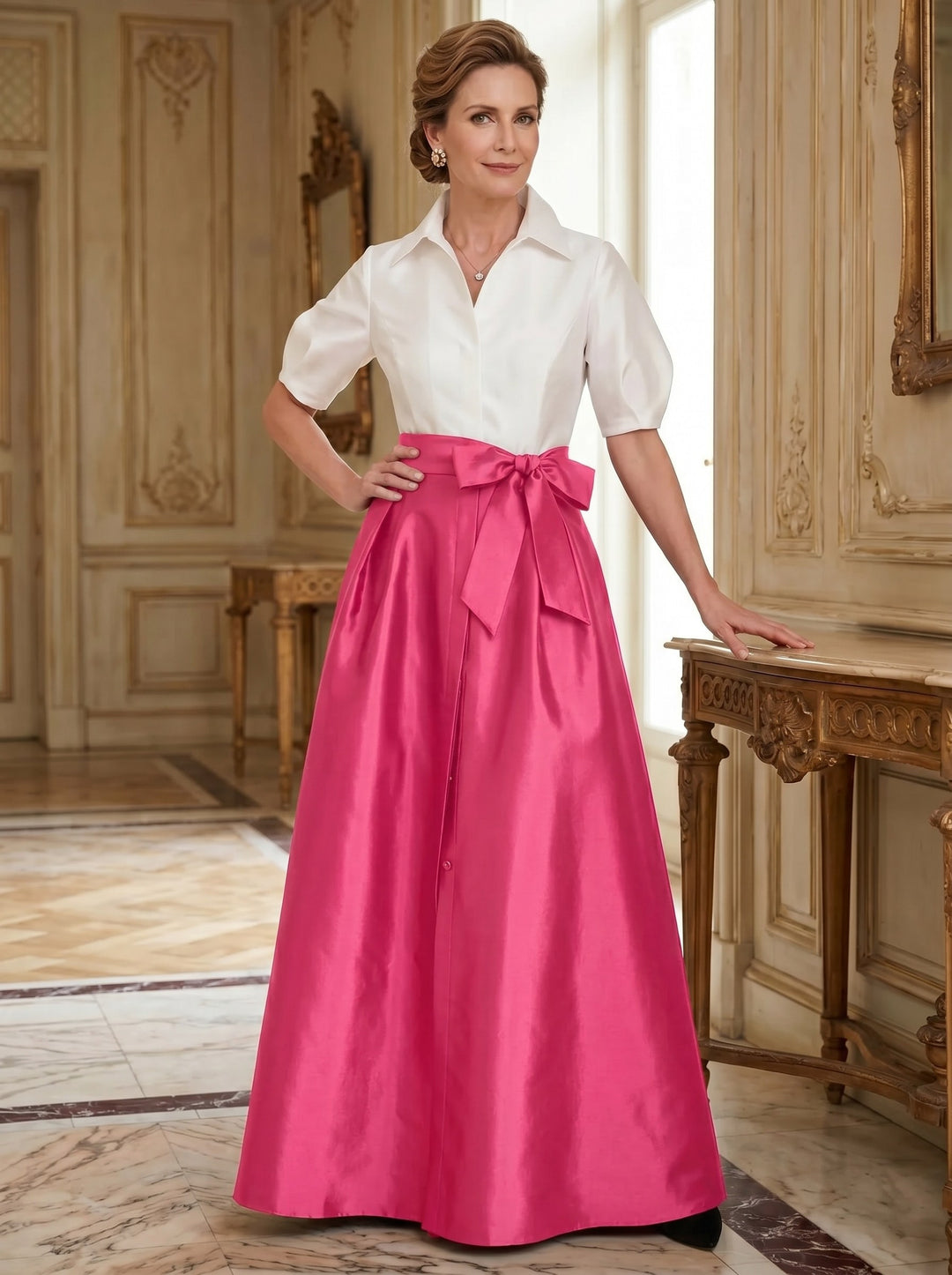 A-Line/Princess Shirt Collar Short Sleeves Floor-Length Mother Of The Bride Dresses with Bowknot