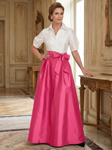 A-Line/Princess Shirt Collar Short Sleeves Floor-Length Mother Of The Bride Dresses with Bowknot