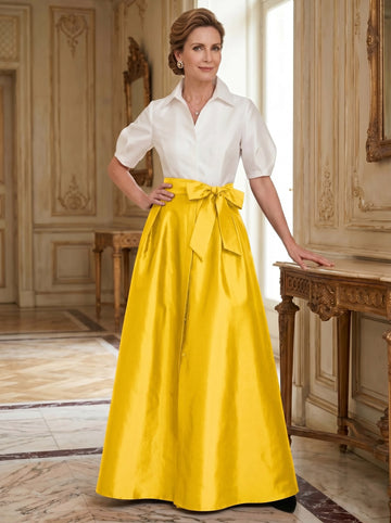 A-Line/Princess Shirt Collar Short Sleeves Floor-Length Mother Of The Bride Dresses with Bowknot