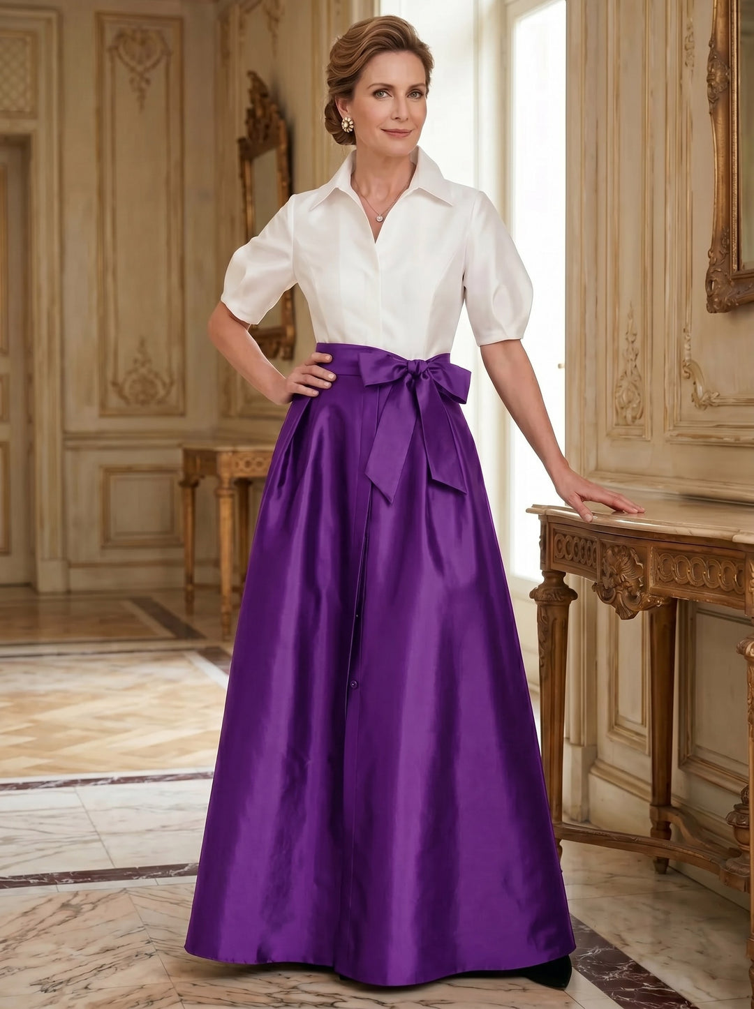 A-Line/Princess Shirt Collar Short Sleeves Floor-Length Mother Of The Bride Dresses with Bowknot