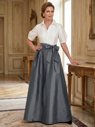 A-Line/Princess Shirt Collar Short Sleeves Floor-Length Mother Of The Bride Dresses with Bowknot