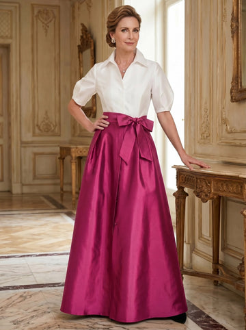 A-Line/Princess Shirt Collar Short Sleeves Floor-Length Mother Of The Bride Dresses with Bowknot