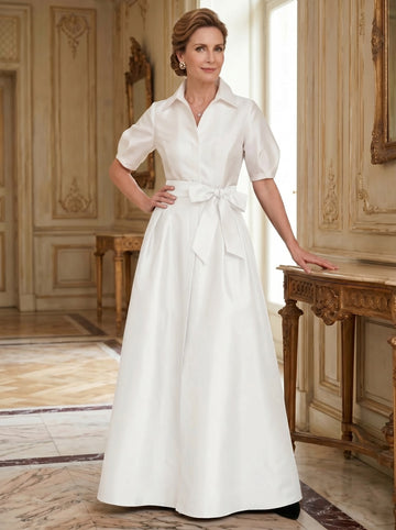A-Line/Princess Shirt Collar Short Sleeves Floor-Length Mother Of The Bride Dresses with Bowknot