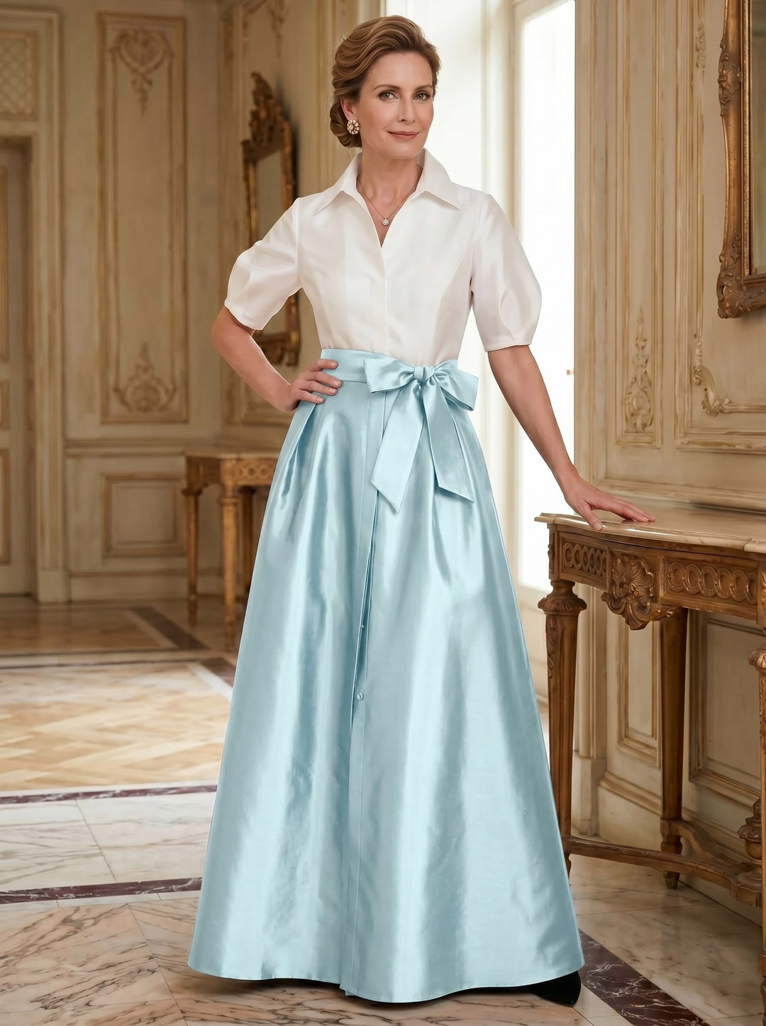 A-Line/Princess Shirt Collar Short Sleeves Floor-Length Mother Of The Bride Dresses with Bowknot