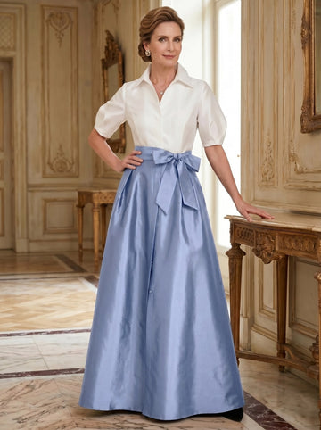 A-Line/Princess Shirt Collar Short Sleeves Floor-Length Mother Of The Bride Dresses with Bowknot
