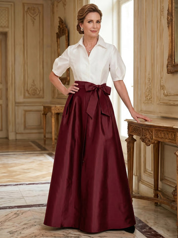 A-Line/Princess Shirt Collar Short Sleeves Floor-Length Mother Of The Bride Dresses with Bowknot