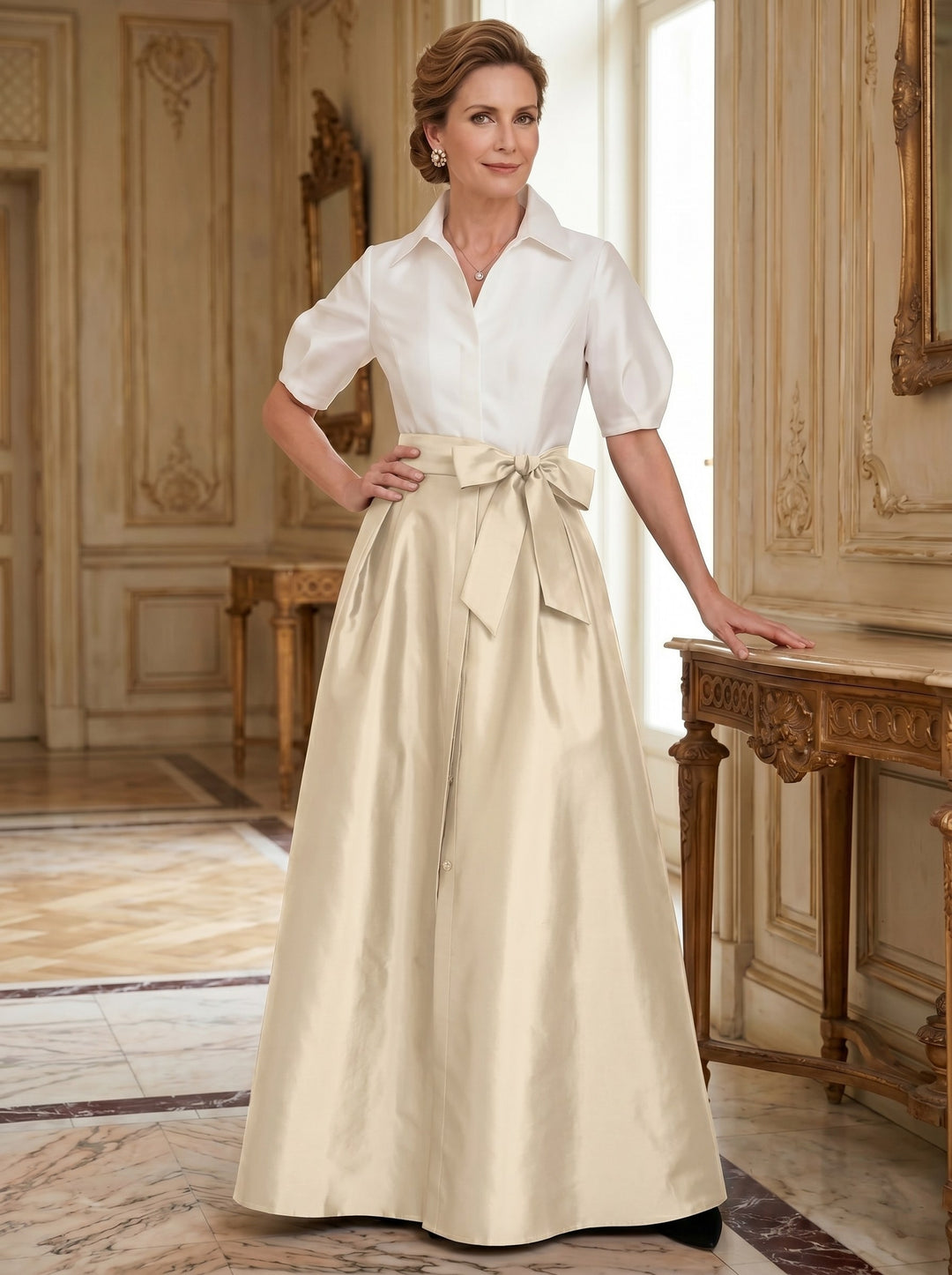 A-Line/Princess Shirt Collar Short Sleeves Floor-Length Mother Of The Bride Dresses with Bowknot