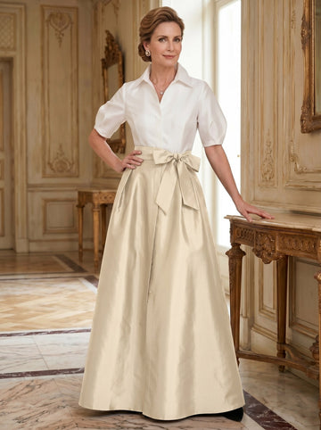 A-Line/Princess Shirt Collar Short Sleeves Floor-Length Mother Of The Bride Dresses with Bowknot