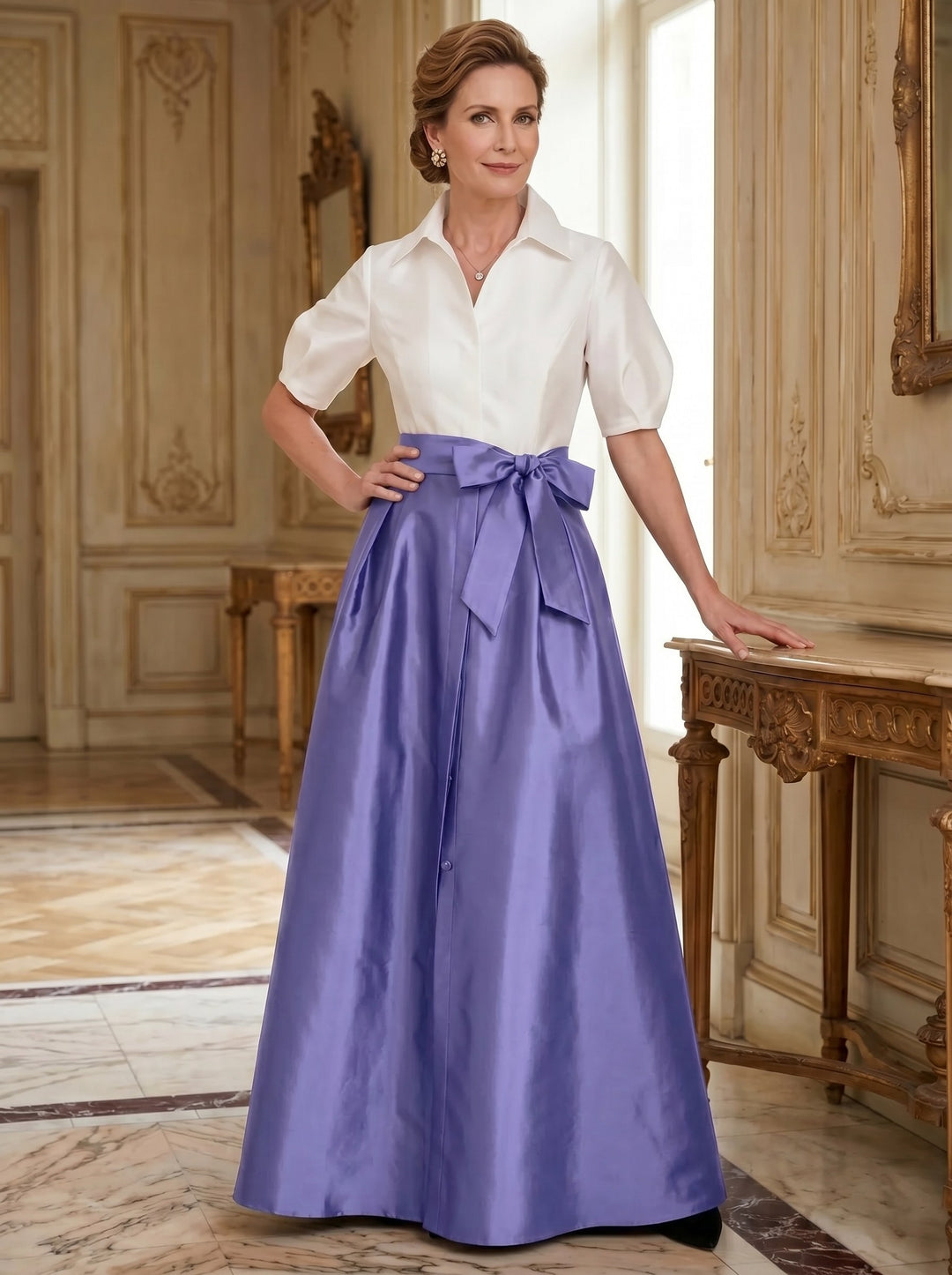 A-Line/Princess Shirt Collar Short Sleeves Floor-Length Mother Of The Bride Dresses with Bowknot