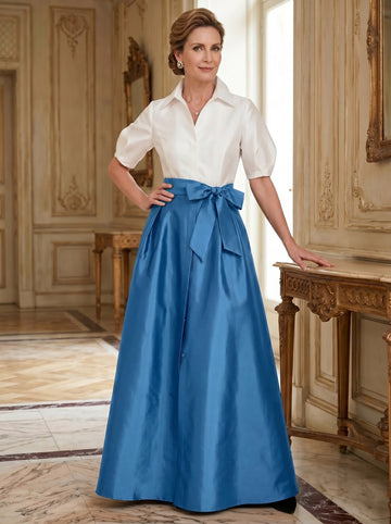A-Line/Princess Shirt Collar Short Sleeves Floor-Length Mother Of The Bride Dresses with Bowknot