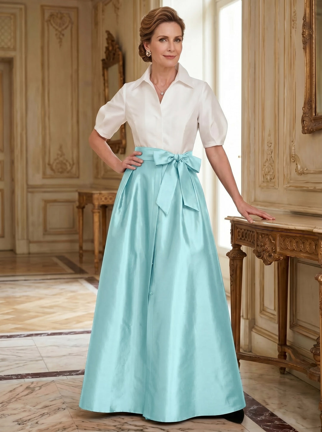 A-Line/Princess Shirt Collar Short Sleeves Floor-Length Mother Of The Bride Dresses with Bowknot