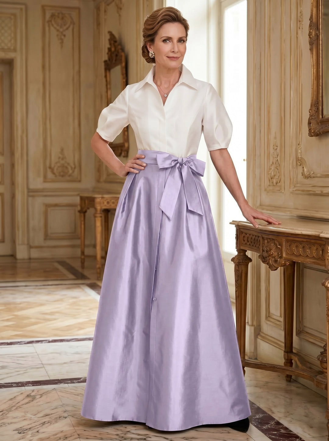 A-Line/Princess Shirt Collar Short Sleeves Floor-Length Mother Of The Bride Dresses with Bowknot