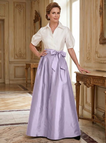 A-Line/Princess Shirt Collar Short Sleeves Floor-Length Mother Of The Bride Dresses with Bowknot