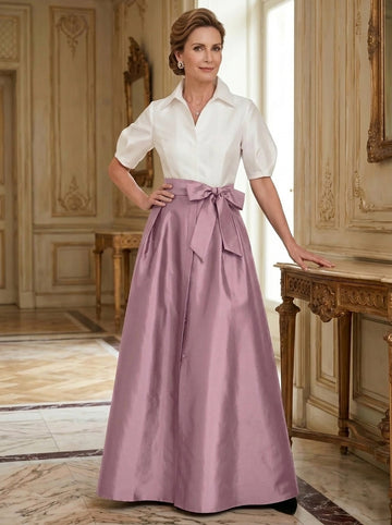 A-Line/Princess Shirt Collar Short Sleeves Floor-Length Mother Of The Bride Dresses with Bowknot
