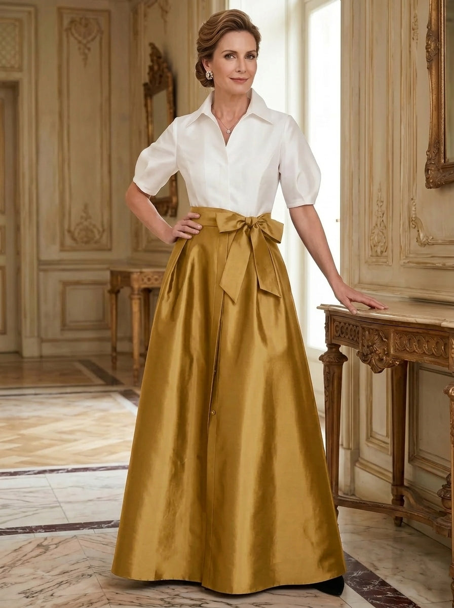 A-Line/Princess Shirt Collar Short Sleeves Floor-Length Mother Of The Bride Dresses with Bowknot