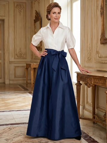 A-Line/Princess Shirt Collar Short Sleeves Floor-Length Mother Of The Bride Dresses with Bowknot