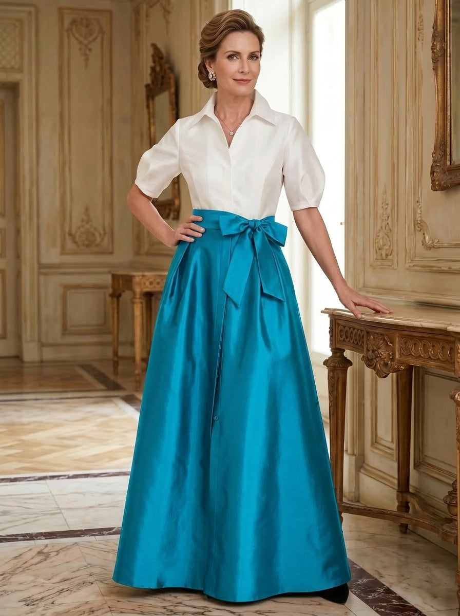 A-Line/Princess Shirt Collar Short Sleeves Floor-Length Mother Of The Bride Dresses with Bowknot