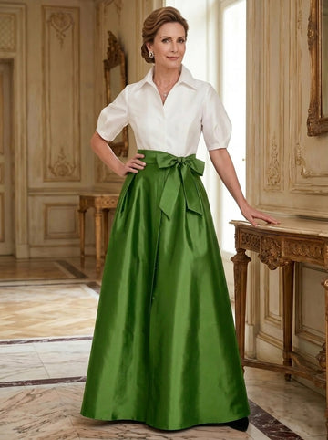 A-Line/Princess Shirt Collar Short Sleeves Floor-Length Mother Of The Bride Dresses with Bowknot