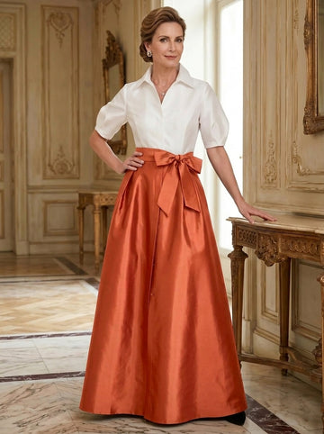 A-Line/Princess Shirt Collar Short Sleeves Floor-Length Mother Of The Bride Dresses with Bowknot