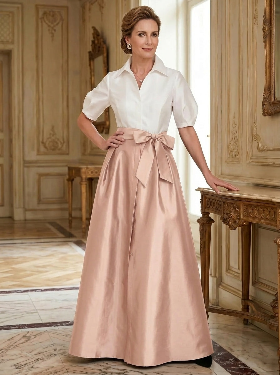 A-Line/Princess Shirt Collar Short Sleeves Floor-Length Mother Of The Bride Dresses with Bowknot