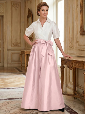 A-Line/Princess Shirt Collar Short Sleeves Floor-Length Mother Of The Bride Dresses with Bowknot