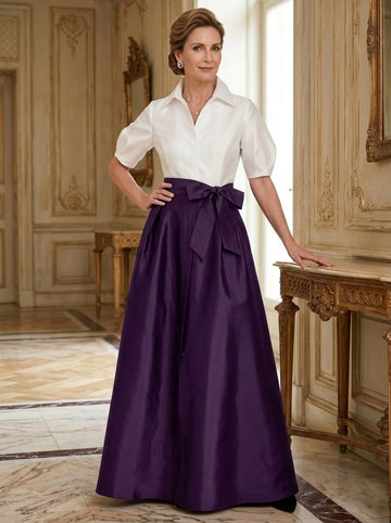 A-Line/Princess Shirt Collar Short Sleeves Floor-Length Mother Of The Bride Dresses with Bowknot