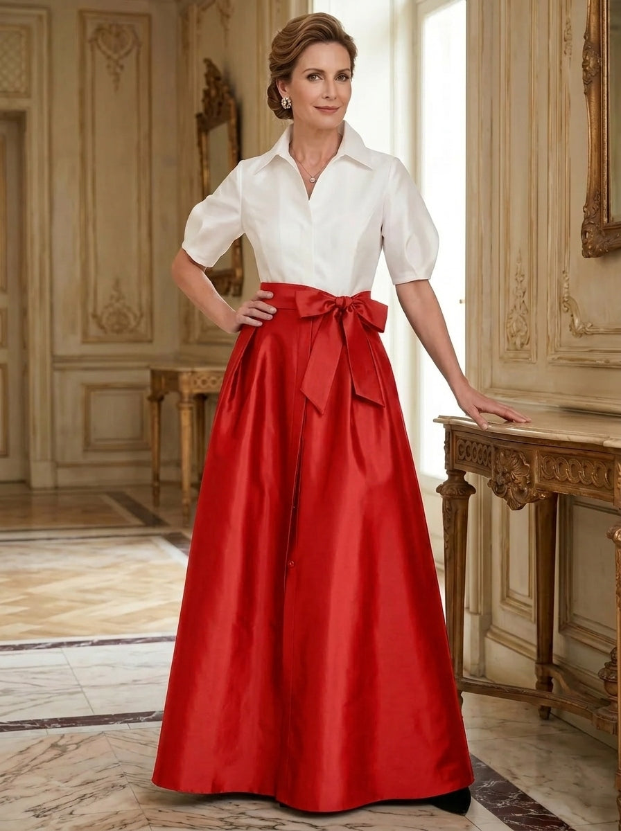 A-Line/Princess Shirt Collar Short Sleeves Floor-Length Mother Of The Bride Dresses with Bowknot