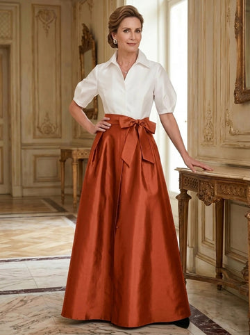 A-Line/Princess Shirt Collar Short Sleeves Floor-Length Mother Of The Bride Dresses with Bowknot
