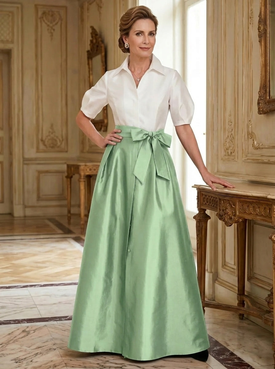 A-Line/Princess Shirt Collar Short Sleeves Floor-Length Mother Of The Bride Dresses with Bowknot
