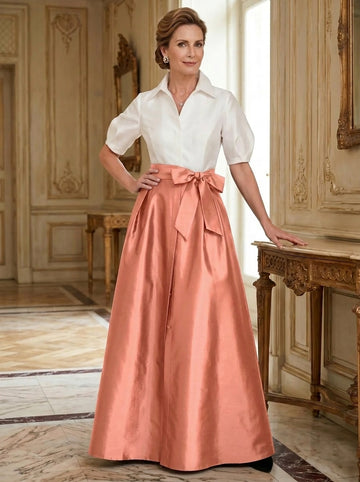 A-Line/Princess Shirt Collar Short Sleeves Floor-Length Mother Of The Bride Dresses with Bowknot