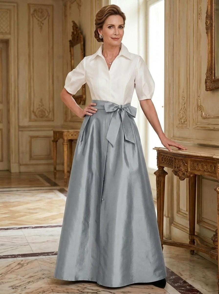 A-Line/Princess Shirt Collar Short Sleeves Floor-Length Mother Of The Bride Dresses with Bowknot