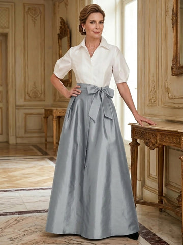 A-Line/Princess Shirt Collar Short Sleeves Floor-Length Mother Of The Bride Dresses with Bowknot
