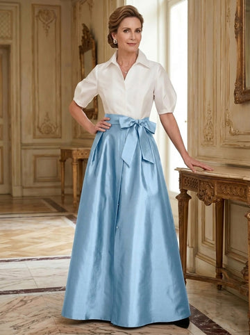 A-Line/Princess Shirt Collar Short Sleeves Floor-Length Mother Of The Bride Dresses with Bowknot