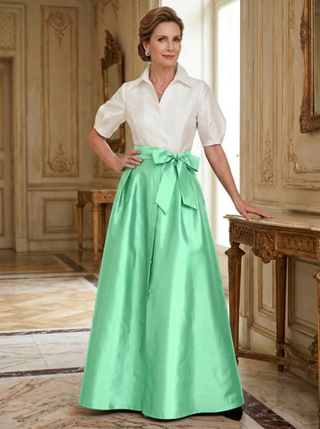 A-Line/Princess Shirt Collar Short Sleeves Floor-Length Mother Of The Bride Dresses with Bowknot