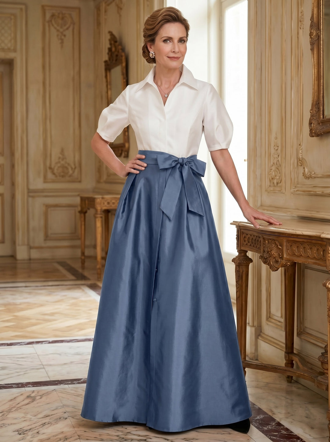 A-Line/Princess Shirt Collar Short Sleeves Floor-Length Mother Of The Bride Dresses with Bowknot