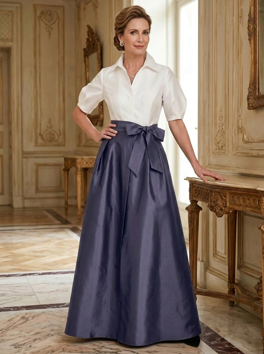 A-Line/Princess Shirt Collar Short Sleeves Floor-Length Mother Of The Bride Dresses with Bowknot