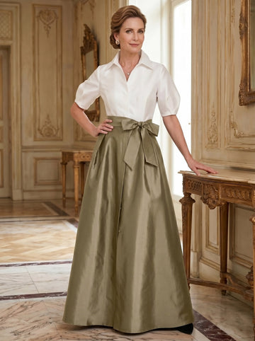 A-Line/Princess Shirt Collar Short Sleeves Floor-Length Mother Of The Bride Dresses with Bowknot