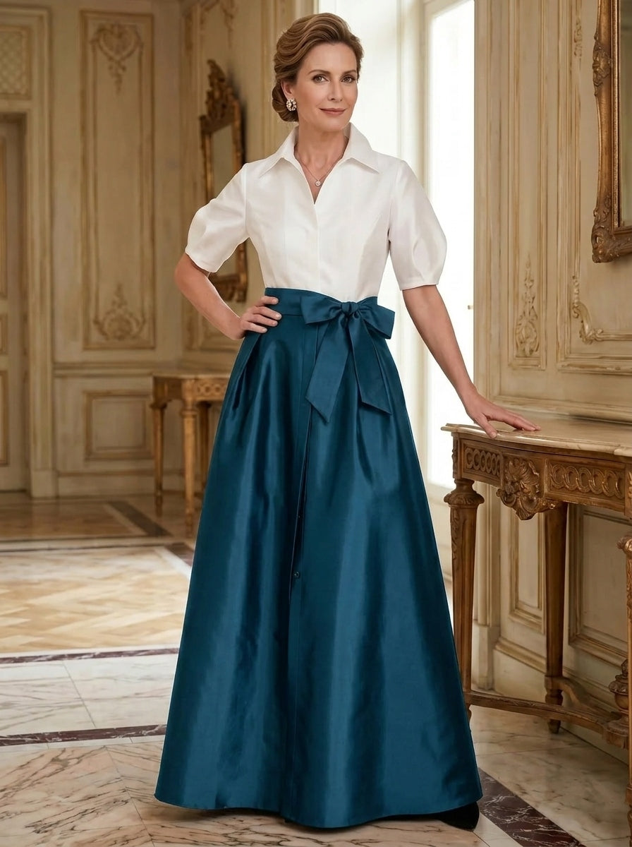 A-Line/Princess Shirt Collar Short Sleeves Floor-Length Mother Of The Bride Dresses with Bowknot