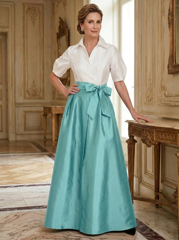 A-Line/Princess Shirt Collar Short Sleeves Floor-Length Mother Of The Bride Dresses with Bowknot