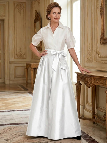 A-Line/Princess Shirt Collar Short Sleeves Floor-Length Mother Of The Bride Dresses with Bowknot
