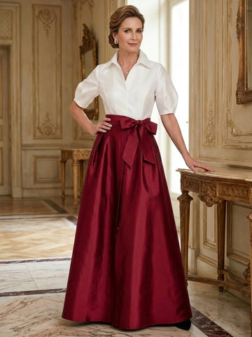 A-Line/Princess Shirt Collar Short Sleeves Floor-Length Mother Of The Bride Dresses with Bowknot