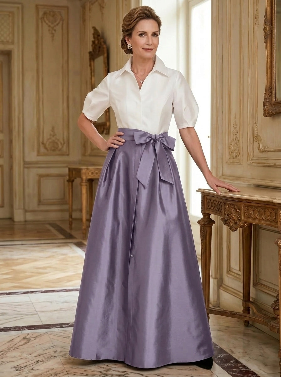 A-Line/Princess Shirt Collar Short Sleeves Floor-Length Mother Of The Bride Dresses with Bowknot