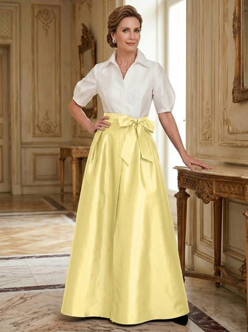 A-Line/Princess Shirt Collar Short Sleeves Floor-Length Mother Of The Bride Dresses with Bowknot
