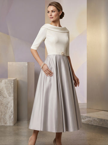 A-Line/Princess Jewel Neck Half Sleeve Tea Length Mother of the Bride Dresses with Pockets Pleats