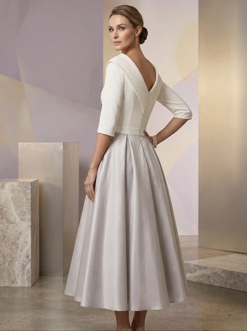 A-Line/Princess Jewel Neck Half Sleeve Tea Length Mother of the Bride Dresses with Pockets Pleats